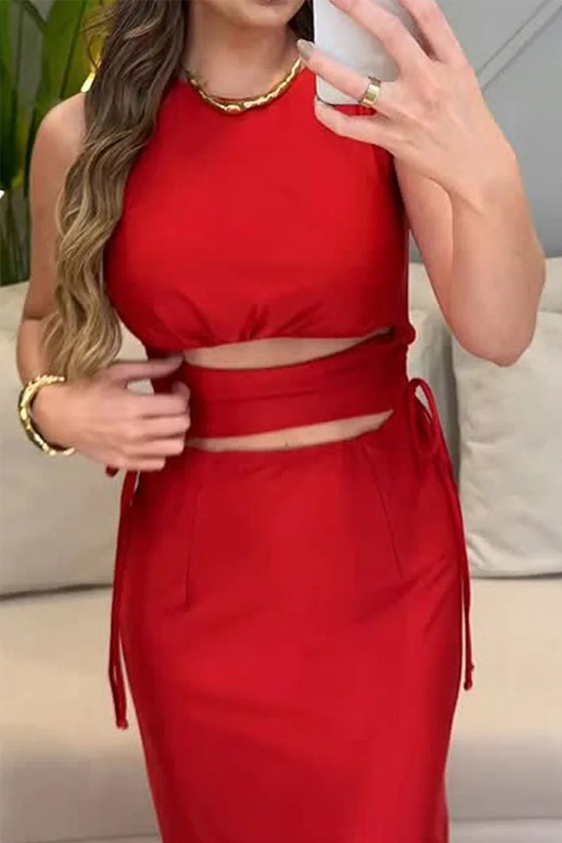 Hollow Out Draw String O Neck One Step Skirt Dresses