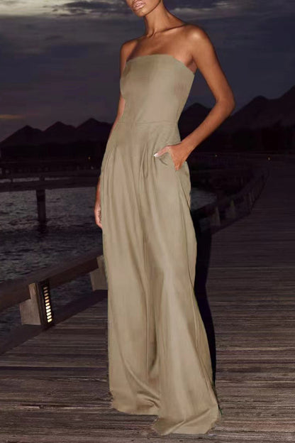 Pocket Patchwork Backless Strapless Loose Jumpsuits(3 Colors)