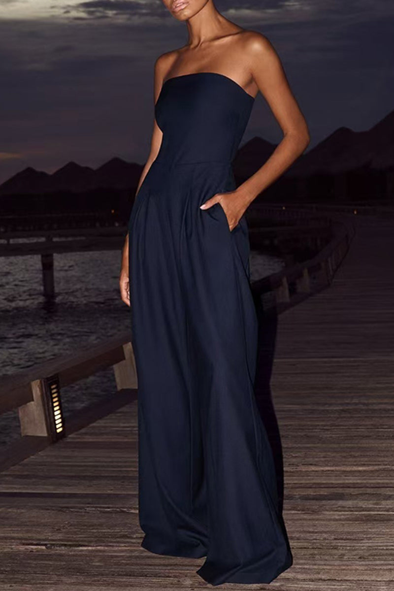 Pocket Patchwork Backless Strapless Loose Jumpsuits(3 Colors)
