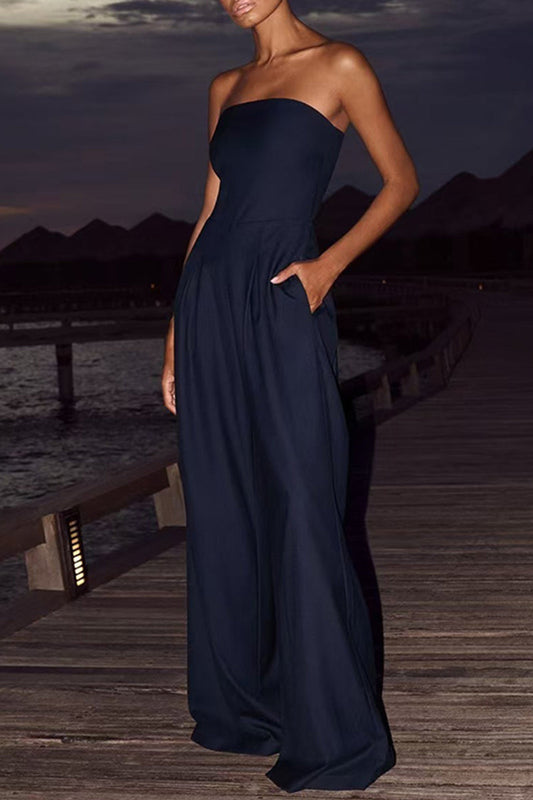 Pocket Patchwork Backless Strapless Loose Jumpsuits(3 Colors)