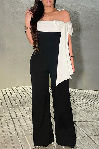 Bow Patchwork Backless Off Shoulder Jumpsuits