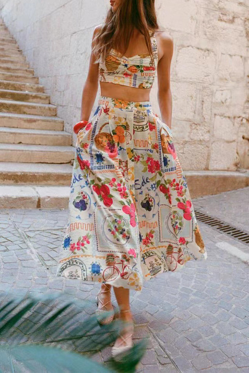Print Pocket Ruched Contrast Square Neck Sleeveless Two Pieces