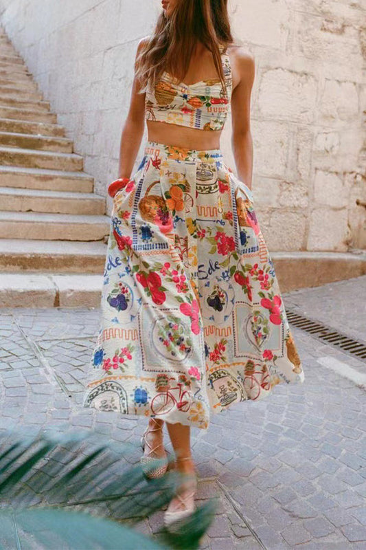 Print Pocket Ruched Contrast Square Neck Sleeveless Two Pieces