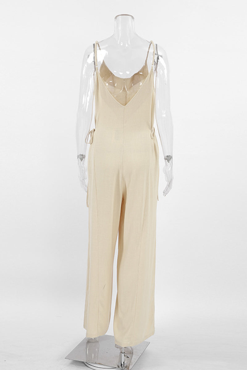 Draw String V Neck Loose Jumpsuits