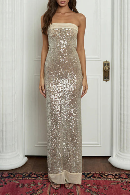 Sequins Slit Sequined Strapless Long Dresses(3 Colors)