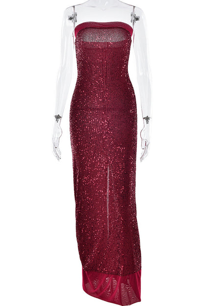 Sequins Slit Sequined Strapless Long Dresses(3 Colors)