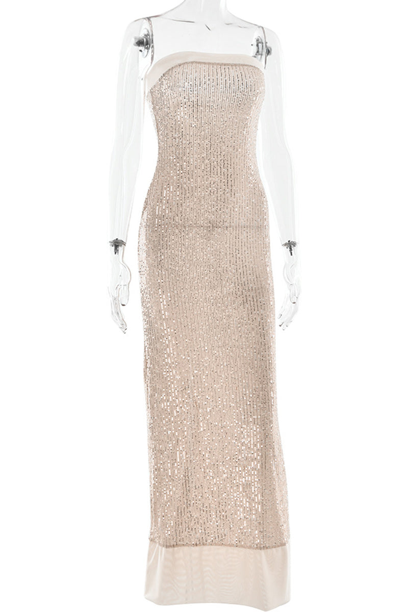 Sequins Slit Sequined Strapless Long Dresses(3 Colors)