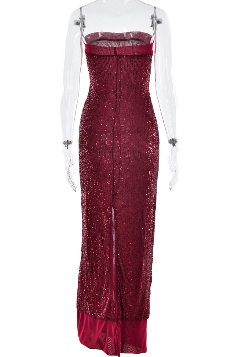 Sequins Slit Sequined Strapless Long Dresses(3 Colors)