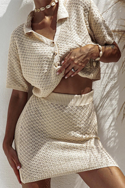 Hollow Out Buttons Turndown Collar Short Sleeve Two Pieces