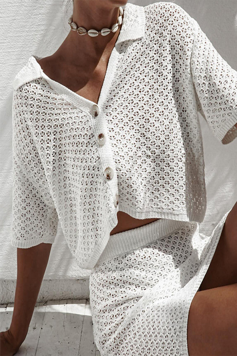 Hollow Out Buttons Turndown Collar Short Sleeve Two Pieces