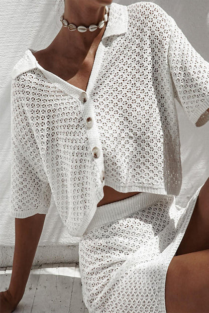 Hollow Out Buttons Turndown Collar Short Sleeve Two Pieces