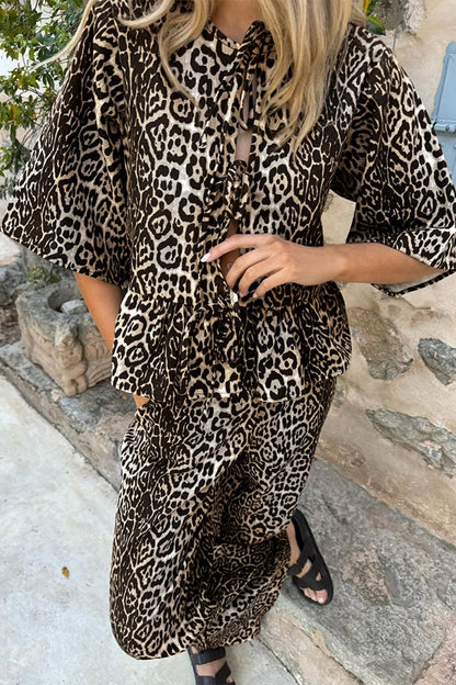 Leopard Lace Up Contrast O Neck Short Sleeve Two Pieces