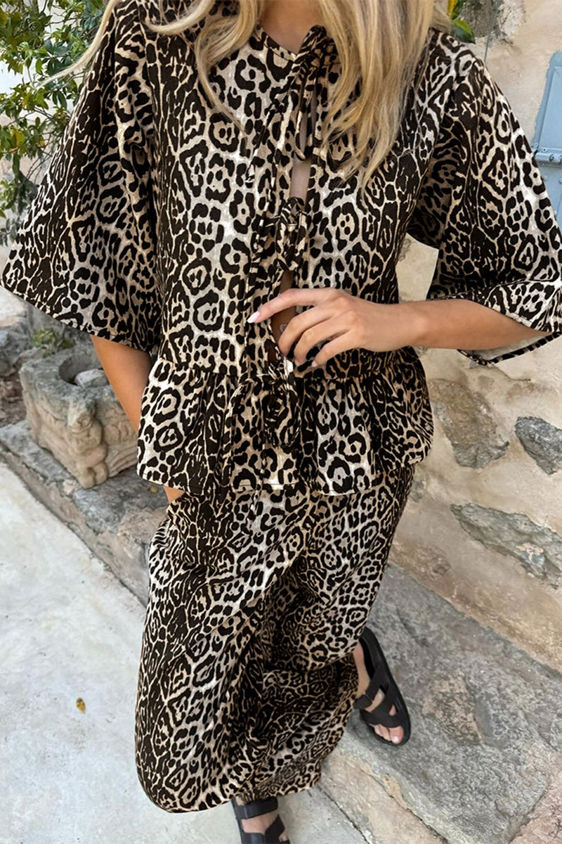 Leopard Lace Up Contrast O Neck Short Sleeve Two Pieces