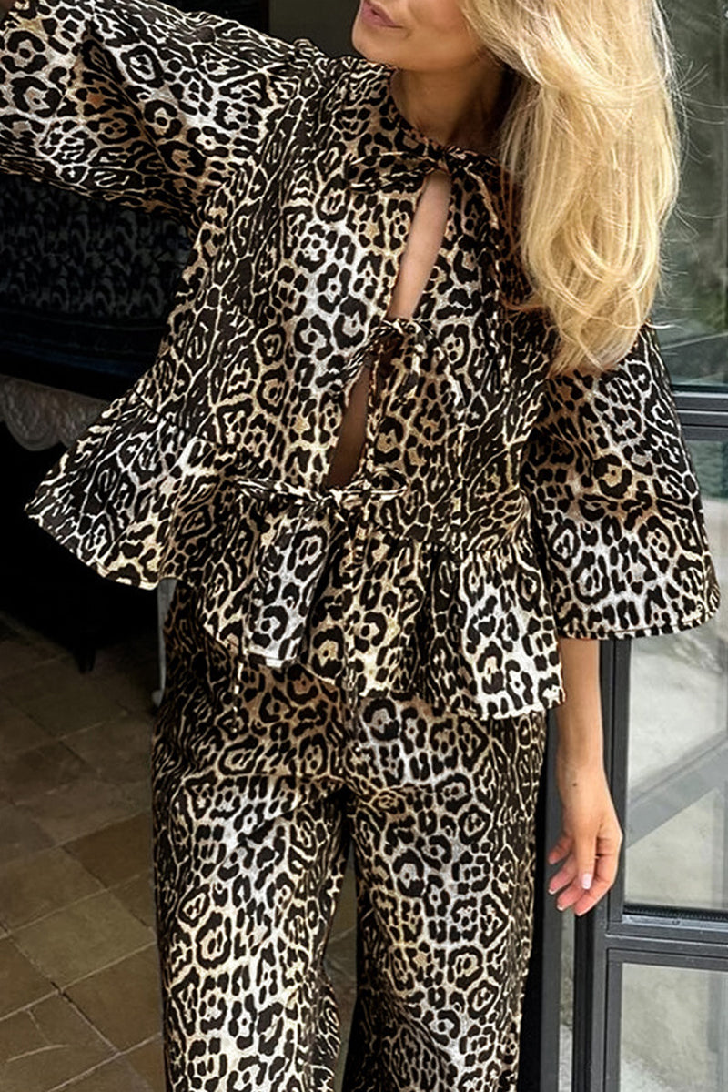 Leopard Lace Up Contrast O Neck Short Sleeve Two Pieces