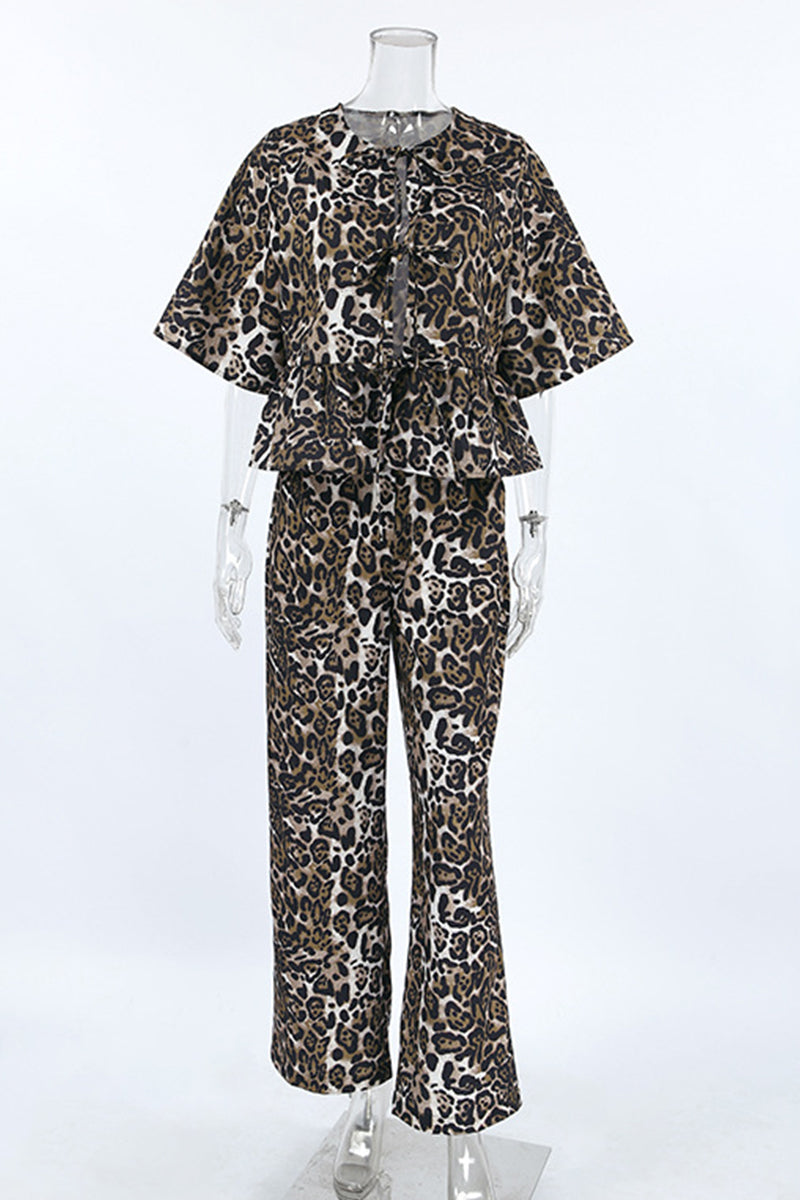 Leopard Lace Up Contrast O Neck Short Sleeve Two Pieces