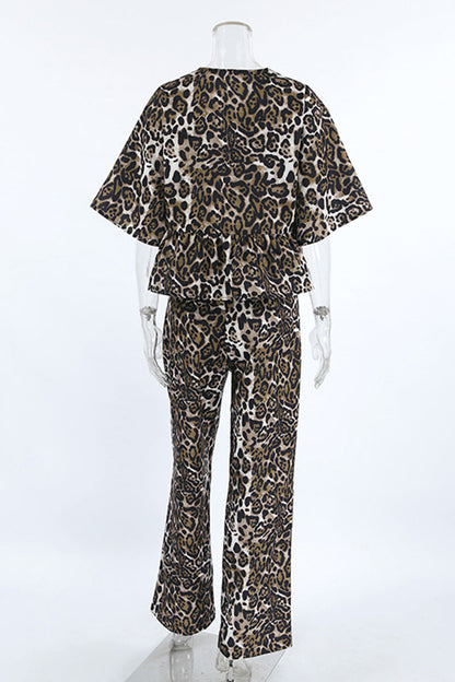 Leopard Lace Up Contrast O Neck Short Sleeve Two Pieces