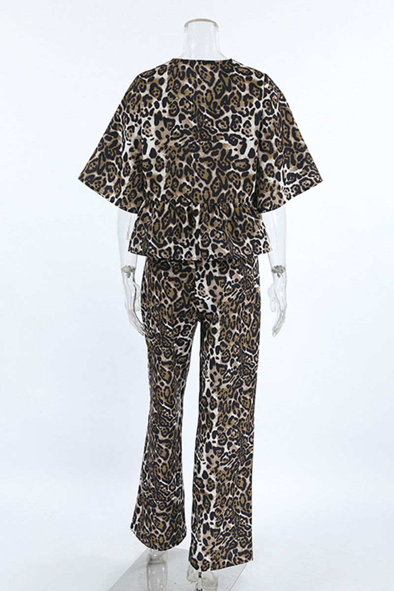 Leopard Lace Up Contrast O Neck Short Sleeve Two Pieces