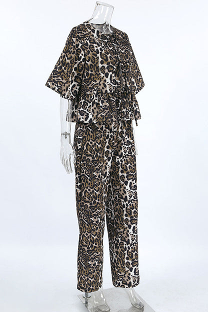 Leopard Lace Up Contrast O Neck Short Sleeve Two Pieces