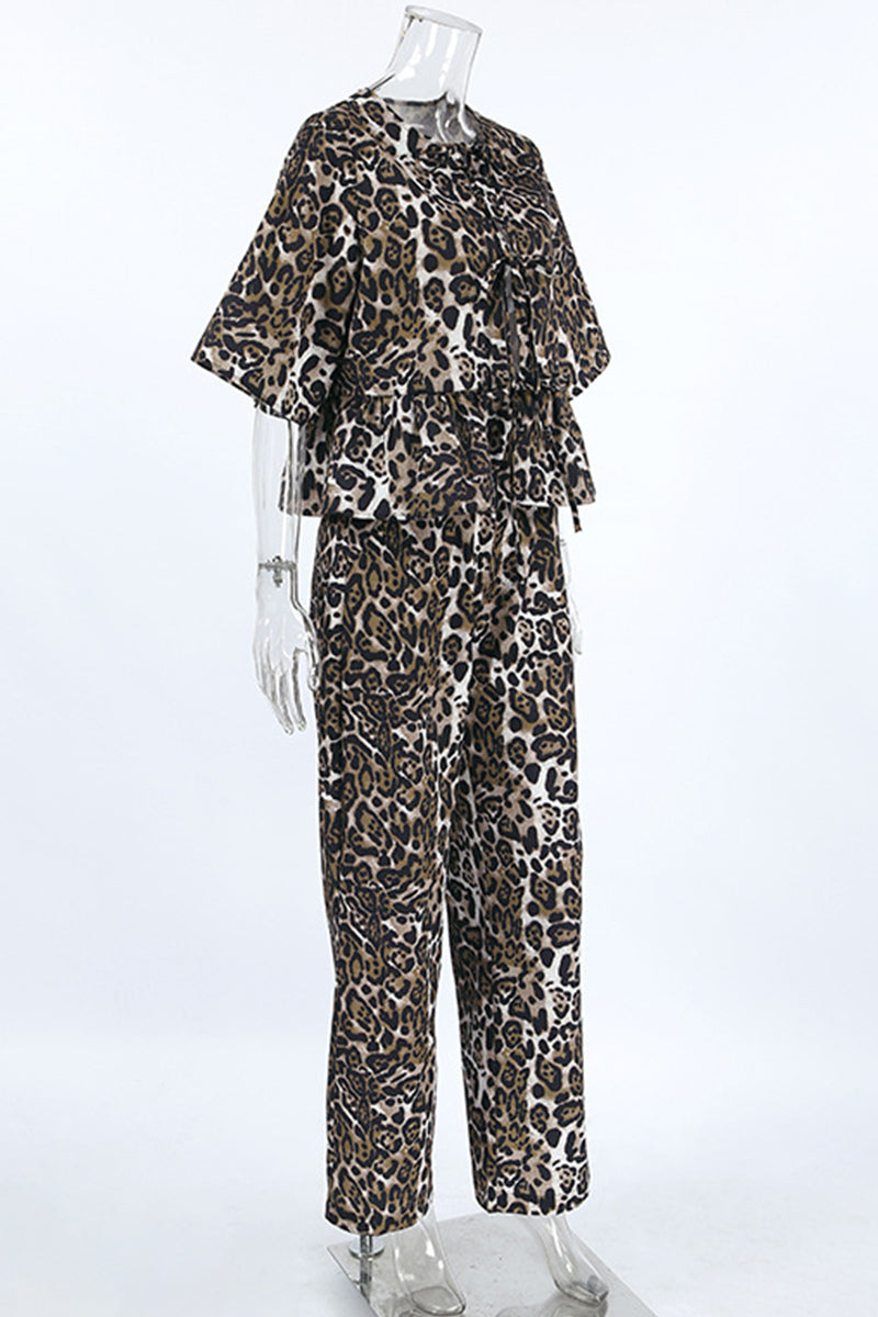 Leopard Lace Up Contrast O Neck Short Sleeve Two Pieces
