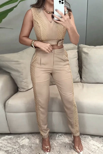 Pocket Buttons Mesh V Neck Sleeveless Two Pieces