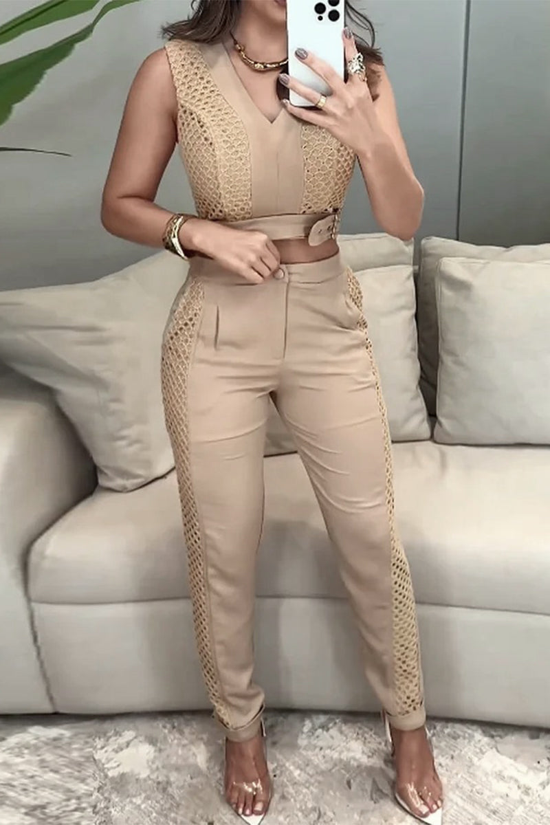 Pocket Buttons Mesh V Neck Sleeveless Two Pieces