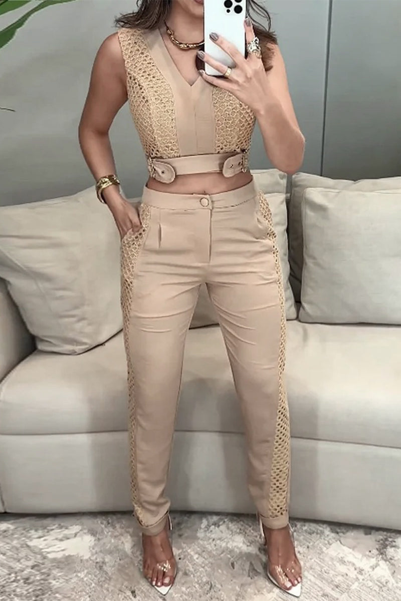 Pocket Buttons Mesh V Neck Sleeveless Two Pieces