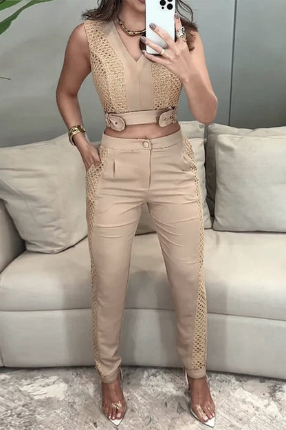 Pocket Buttons Mesh V Neck Sleeveless Two Pieces