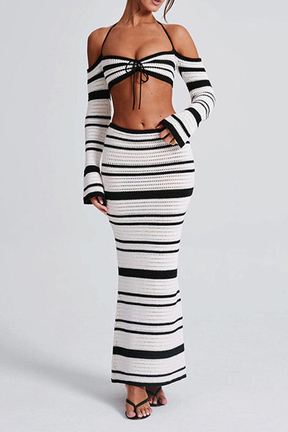 Stripe Strap Design Weave Contrast Halter Long Sleeve Two Pieces