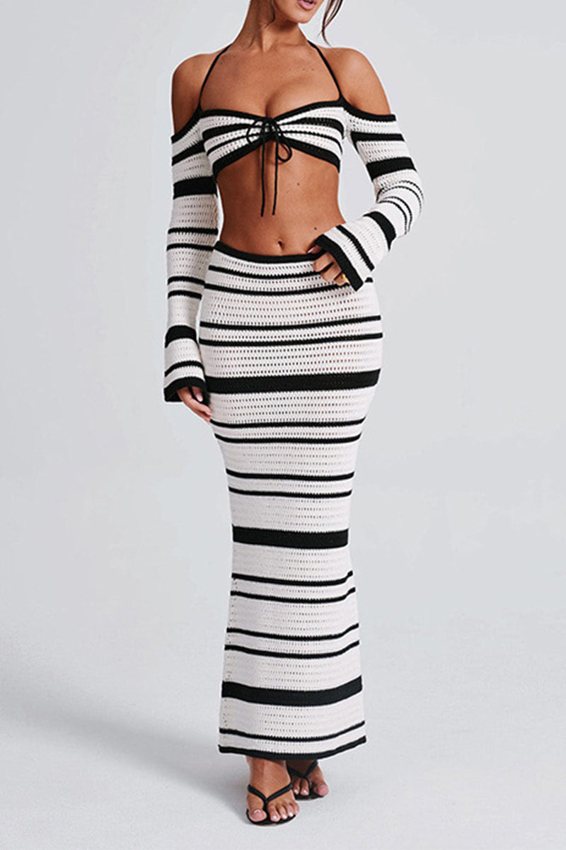Stripe Strap Design Weave Contrast Halter Long Sleeve Two Pieces