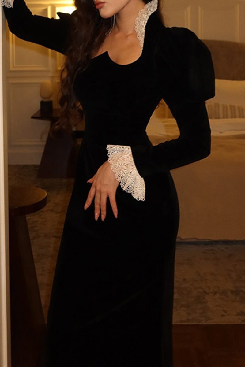 Lace Patchwork Velvet Square Neck Wrapped Skirt Dresses