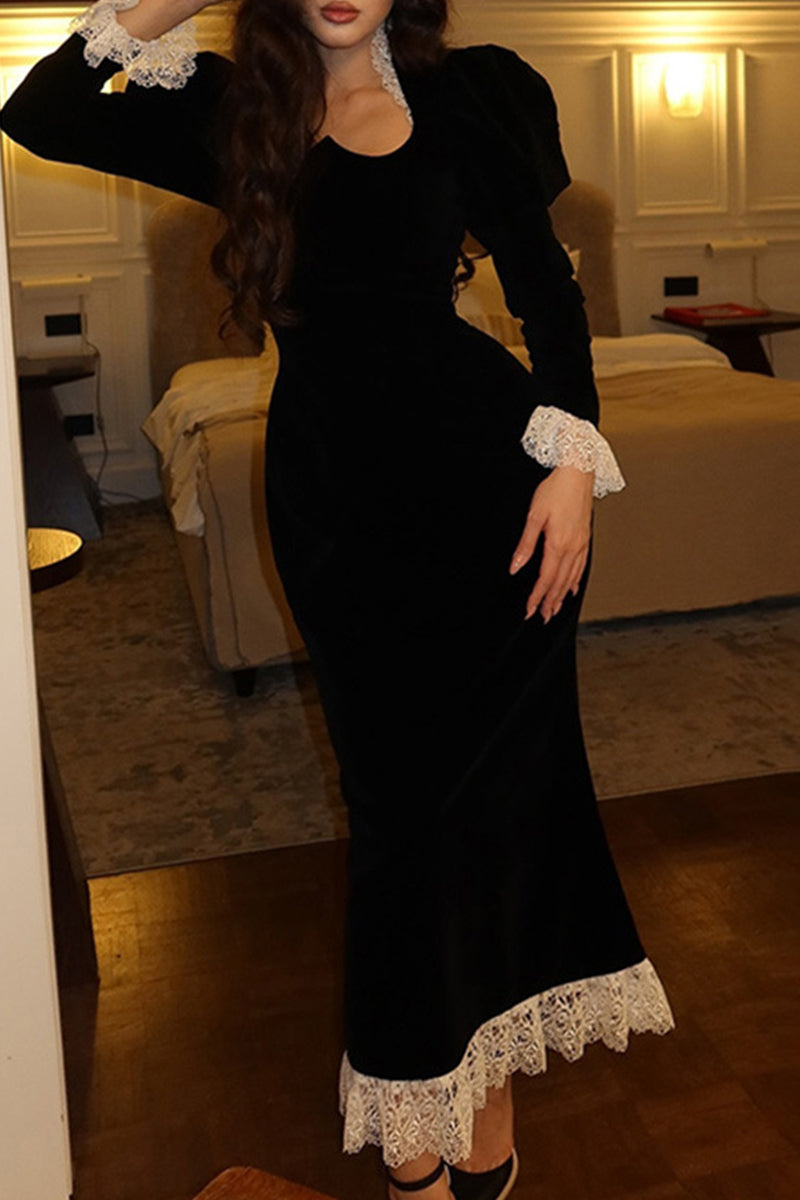 Lace Patchwork Velvet Square Neck Wrapped Skirt Dresses