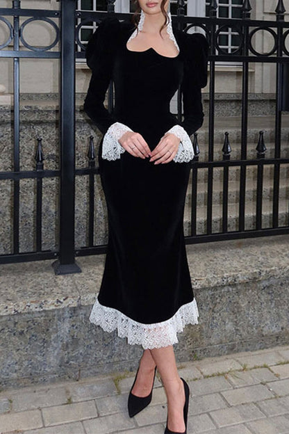 Lace Patchwork Velvet Square Neck Wrapped Skirt Dresses