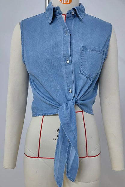 Lace Up Buttons Turndown Collar Blouses