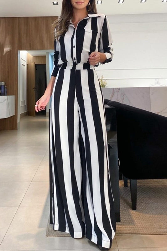 Stripe Pocket Patchwork Contrast Turndown Collar Long Sleeve Two Pieces