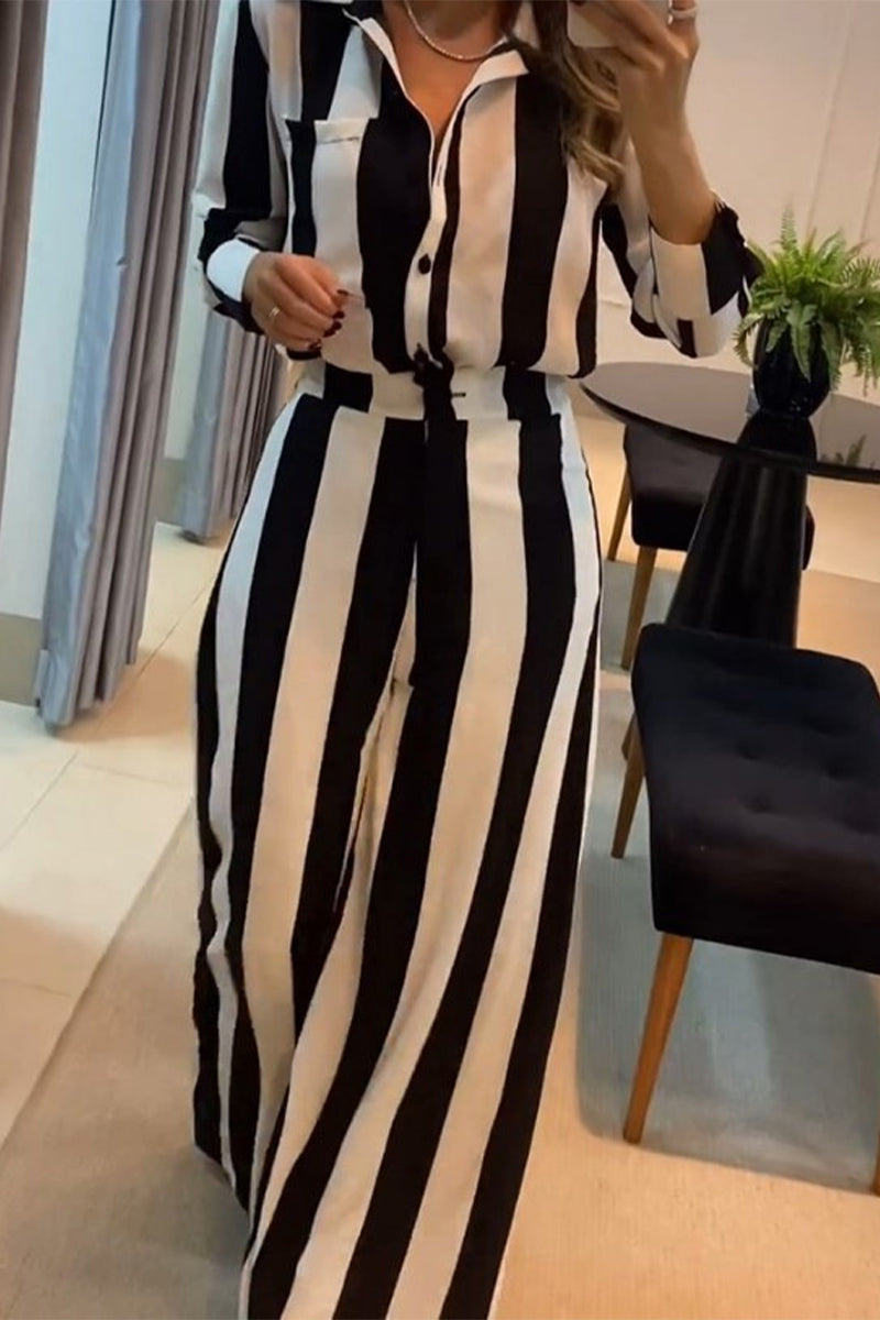 Stripe Pocket Patchwork Contrast Turndown Collar Long Sleeve Two Pieces