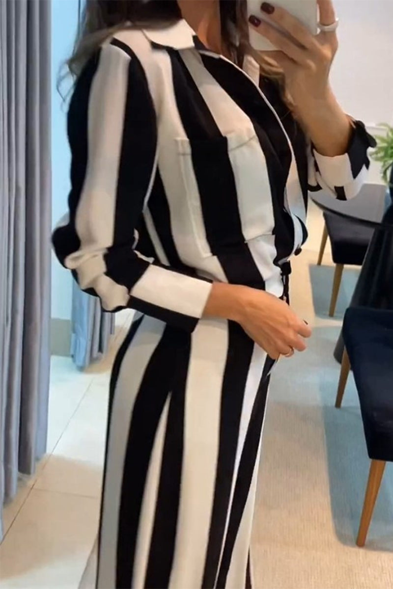 Stripe Pocket Patchwork Contrast Turndown Collar Long Sleeve Two Pieces