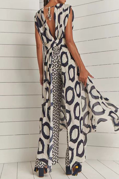 Geometric Print Pocket Slit Contrast V Neck Sleeveless Two Pieces