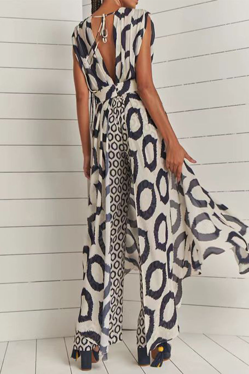 Geometric Print Pocket Slit Contrast V Neck Sleeveless Two Pieces