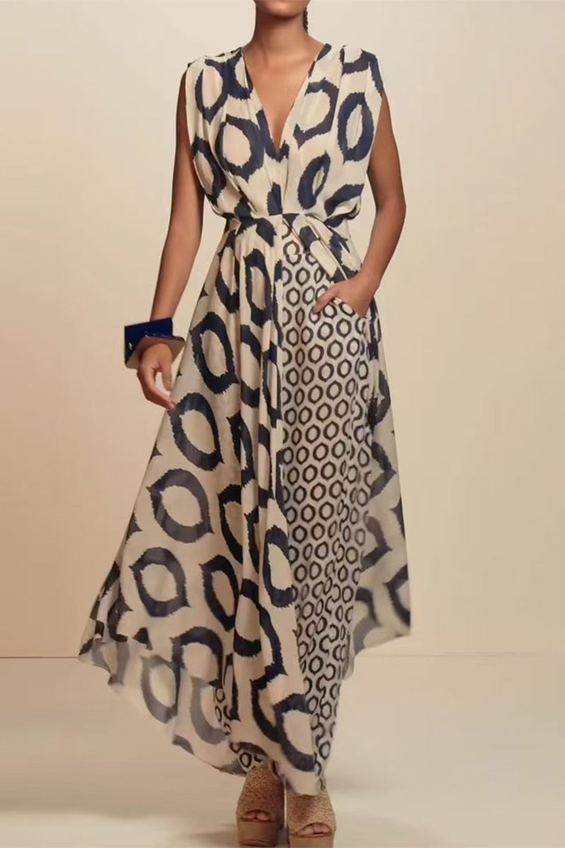 Geometric Print Pocket Slit Contrast V Neck Sleeveless Two Pieces