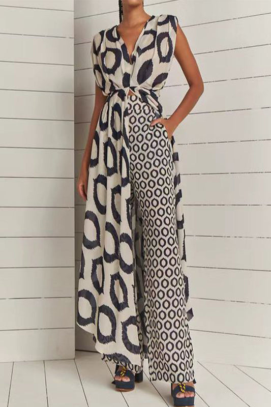 Geometric Print Pocket Slit Contrast V Neck Sleeveless Two Pieces