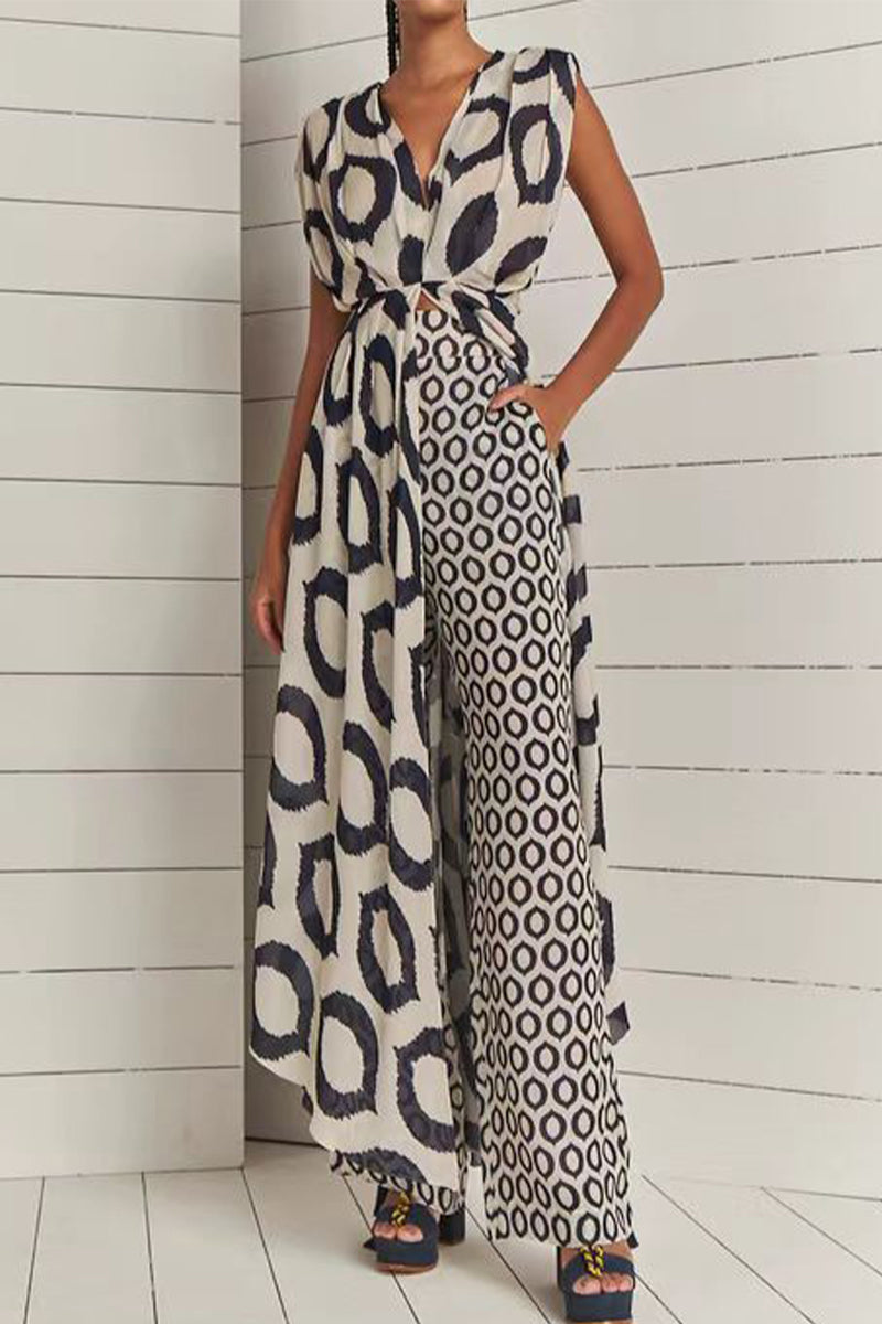 Geometric Print Pocket Slit Contrast V Neck Sleeveless Two Pieces