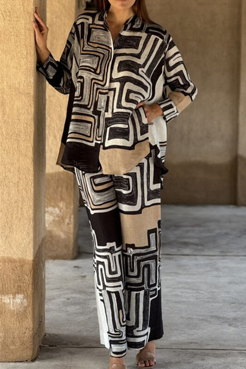 Geometric Print Distressed Pocket Mandarin Collar Long Sleeve Two Pieces