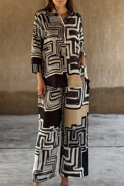 Geometric Print Distressed Pocket Mandarin Collar Long Sleeve Two Pieces