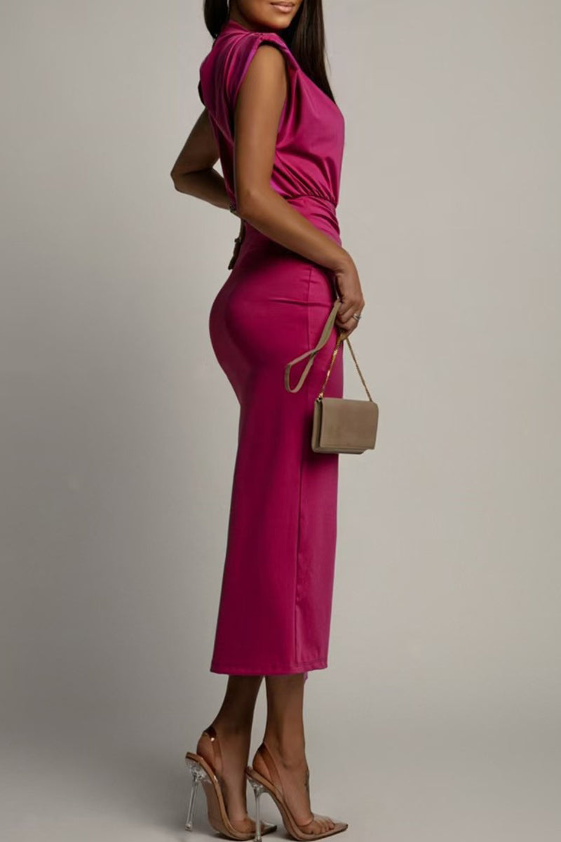 Slit Ruched O Neck Wrapped Skirt Dresses(3 Colors)