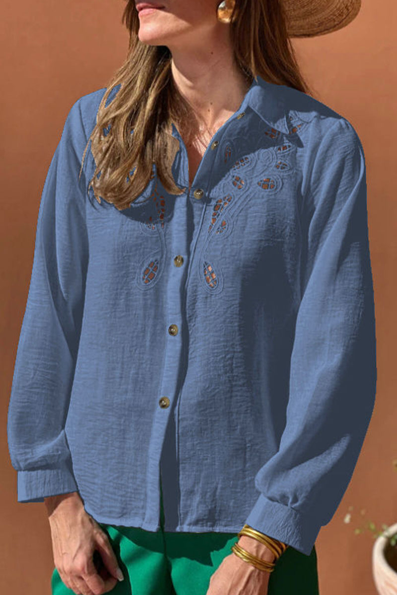 Hollow Out Turndown Collar Blouses(4 Colors)