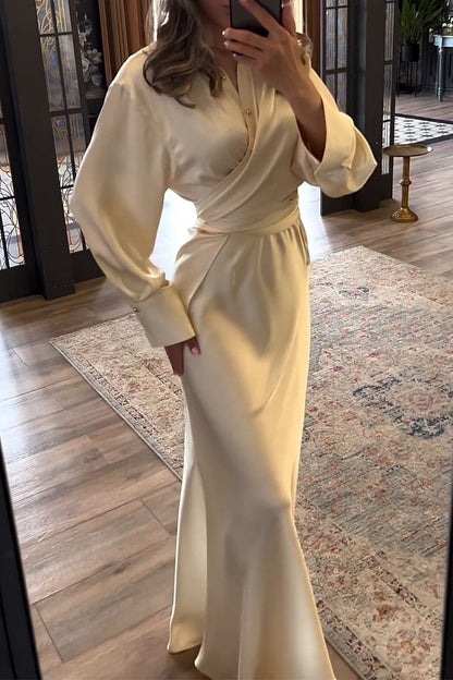 Buttons Ruched Turndown Collar Long Sleeve Two Pieces