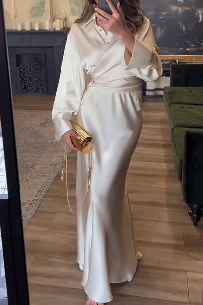 Buttons Ruched Turndown Collar Long Sleeve Two Pieces
