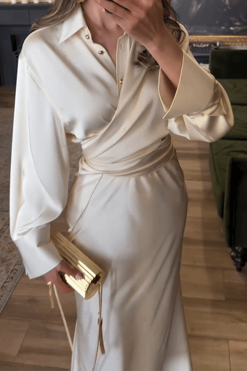Buttons Ruched Turndown Collar Long Sleeve Two Pieces