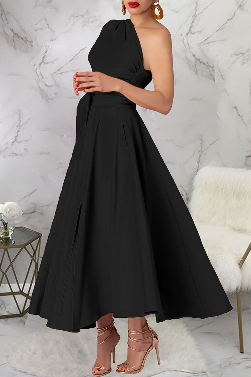 Slit Oblique Collar Long Dresses(3 Colors)