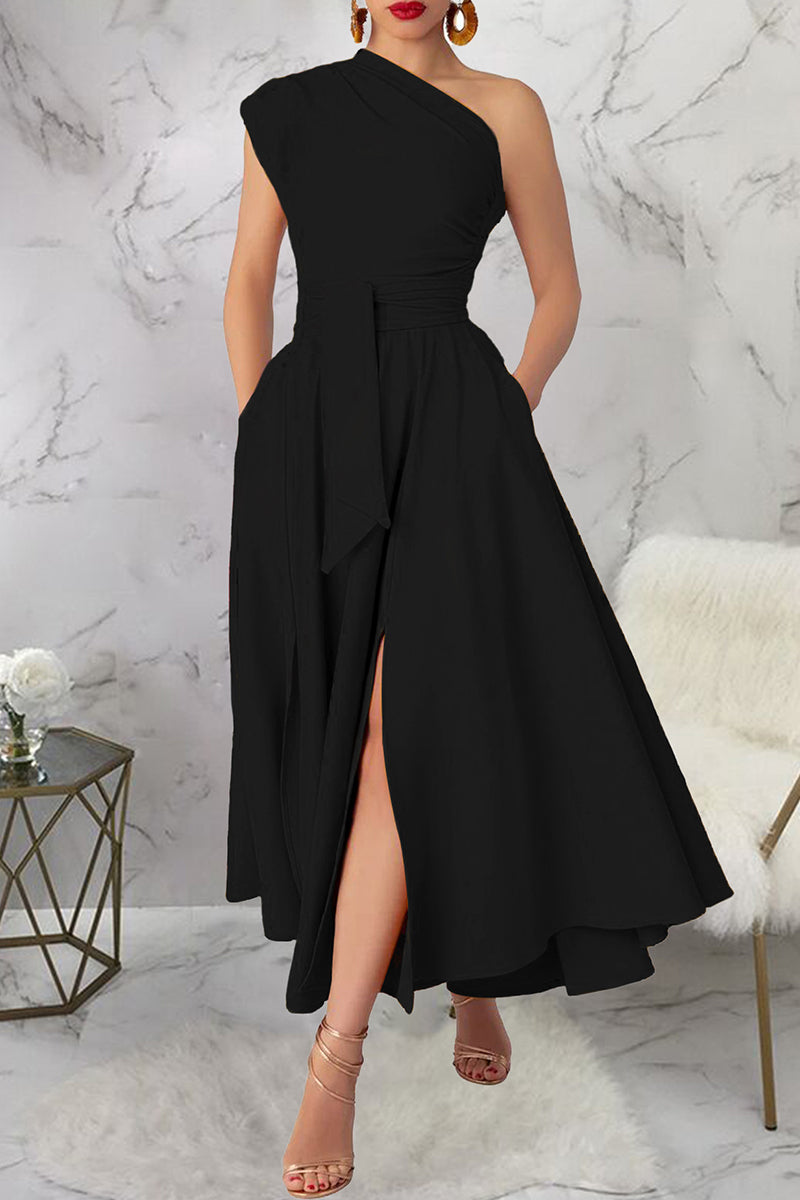 Slit Oblique Collar Long Dresses(3 Colors)